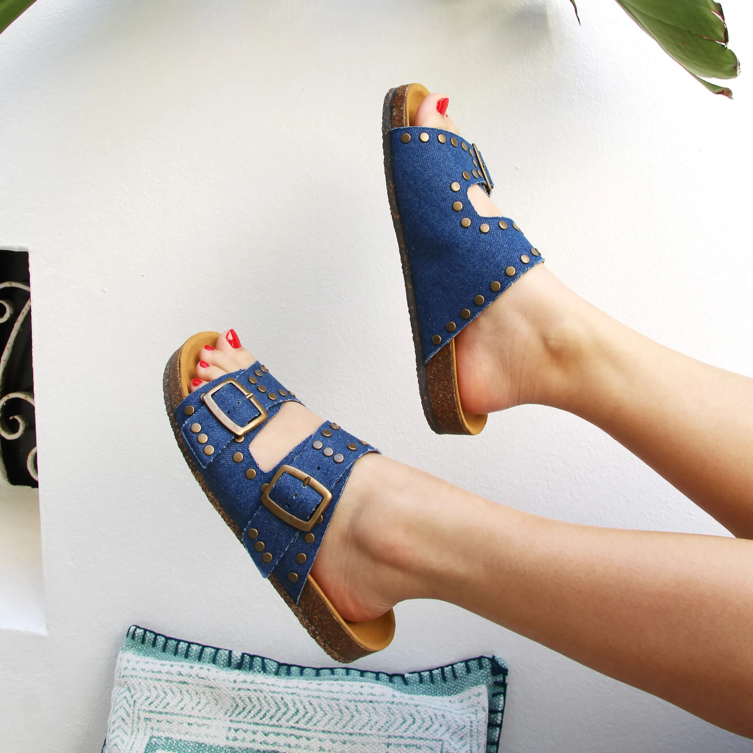 Femme JULES & JENN Sandales | Mules liège clous toile jean bleu
