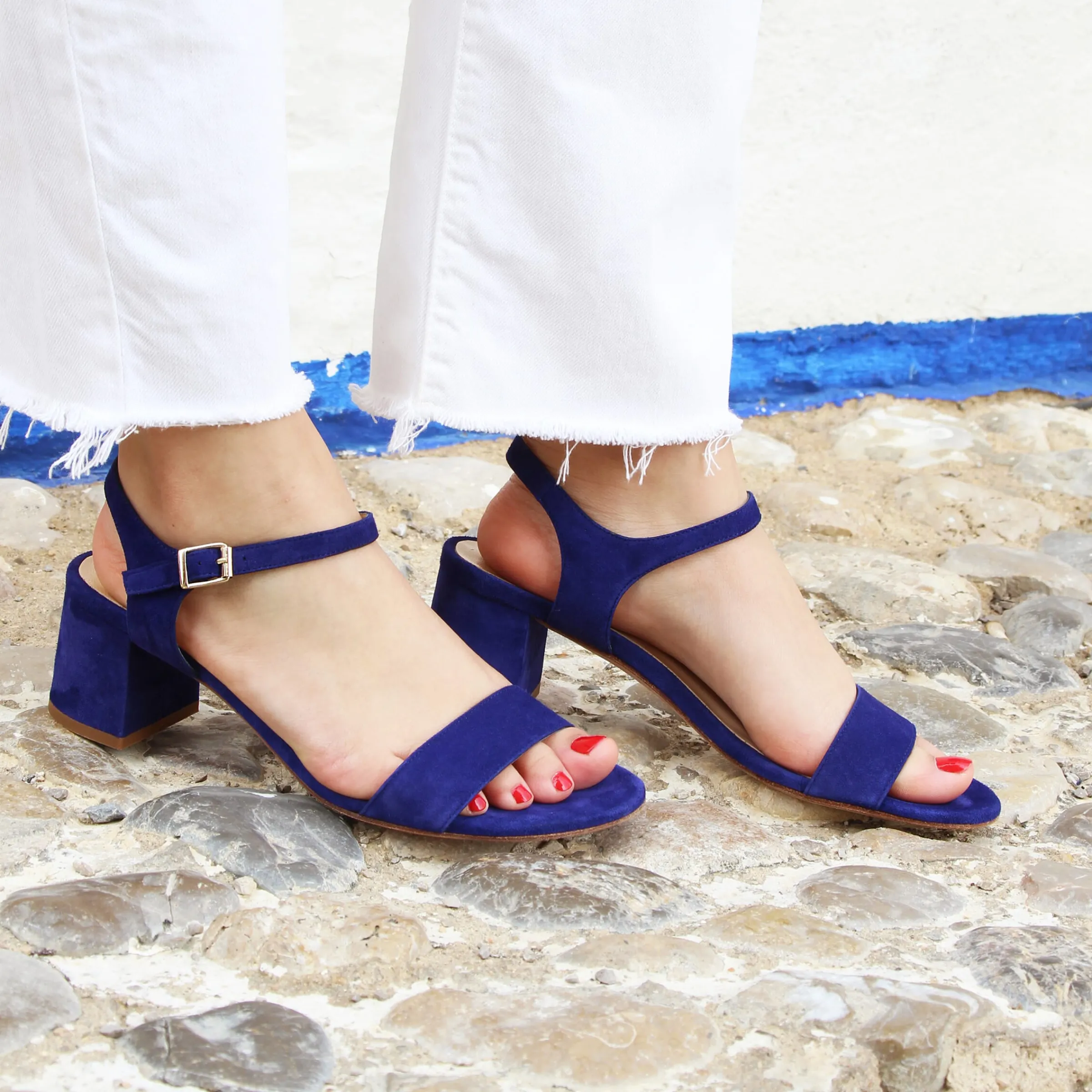 Femme JULES & JENN Sandales | Sandales moyen talon cuir daim bleu